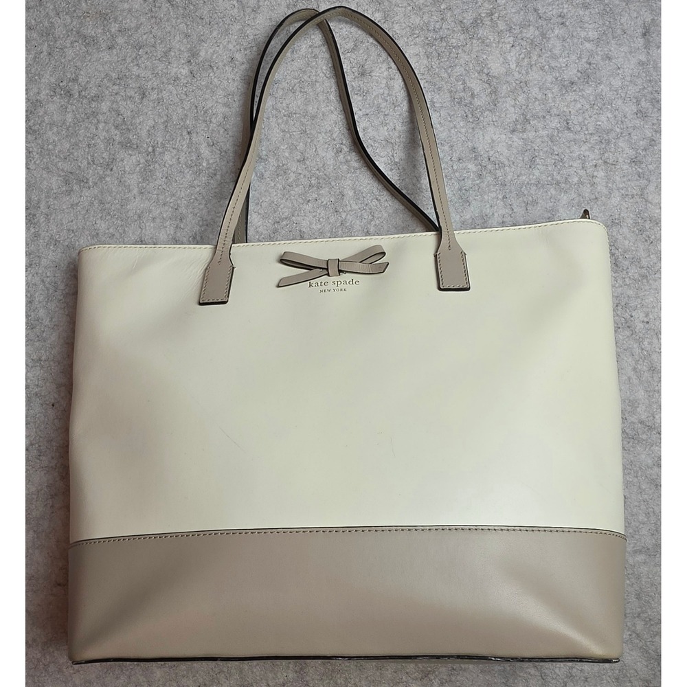 Kate Spade New York Two-Tone Leather Bow Tote Bag Cream Tan Neutral Shopper